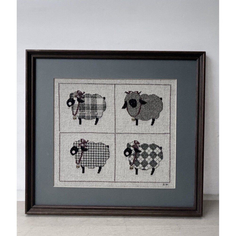 VTG Finished Cross Stitch Picture Framed Sheep Prim Cottagecore Wall Decor 16”